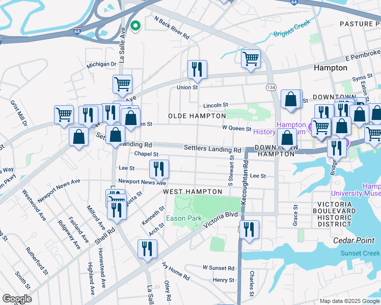 map of restaurants, bars, coffee shops, grocery stores, and more near 502 Chapel Street in Hampton