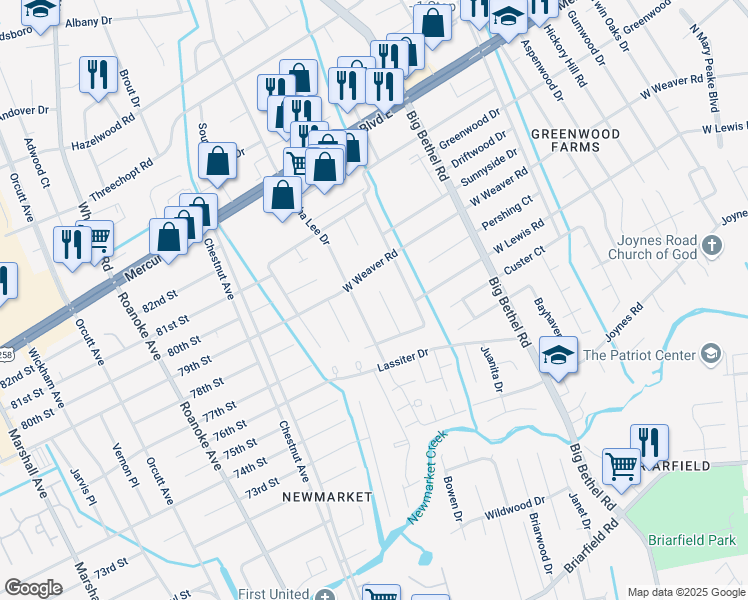 map of restaurants, bars, coffee shops, grocery stores, and more near 222 Cellardoor Court in Hampton