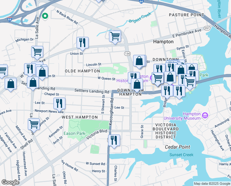 map of restaurants, bars, coffee shops, grocery stores, and more near 335 Settlers Landing Road in Hampton