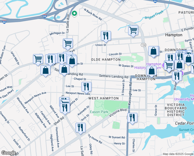 map of restaurants, bars, coffee shops, grocery stores, and more near 514 Chapel Street in Hampton