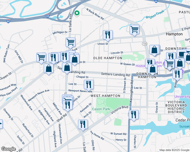 map of restaurants, bars, coffee shops, grocery stores, and more near 522 Chapel Street in Hampton