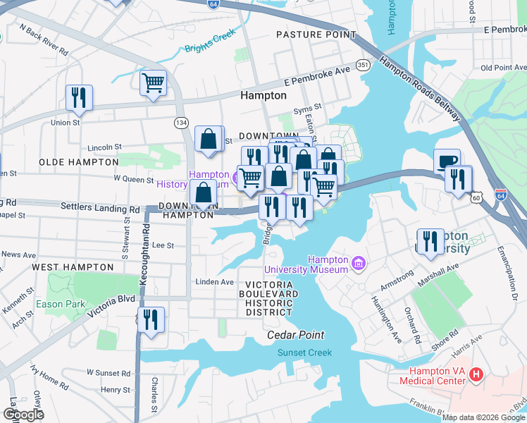 map of restaurants, bars, coffee shops, grocery stores, and more near 555n Settlers Landing Road in Hampton