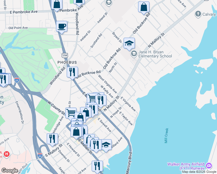 map of restaurants, bars, coffee shops, grocery stores, and more near 36 West Virginia Avenue in Hampton