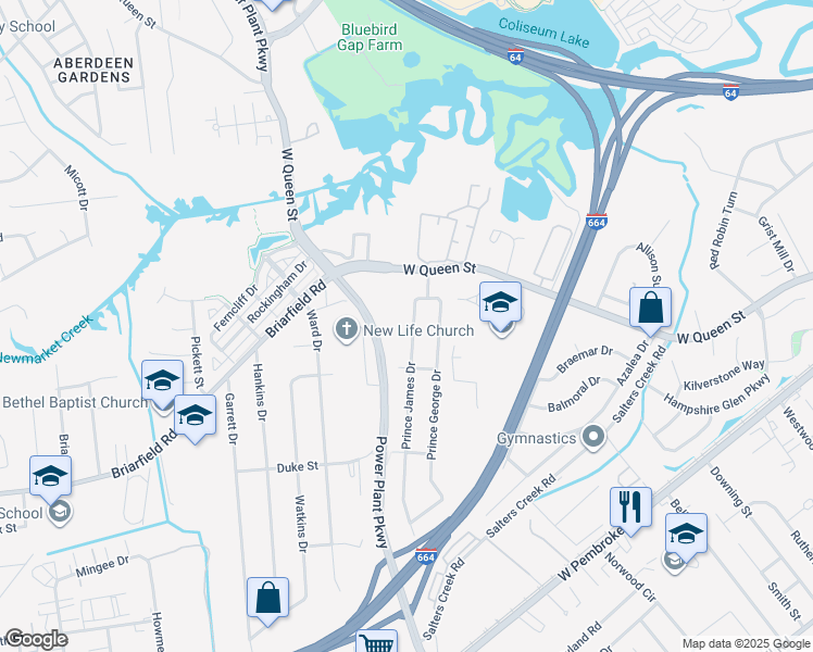 map of restaurants, bars, coffee shops, grocery stores, and more near 14 Prince James Drive in Hampton