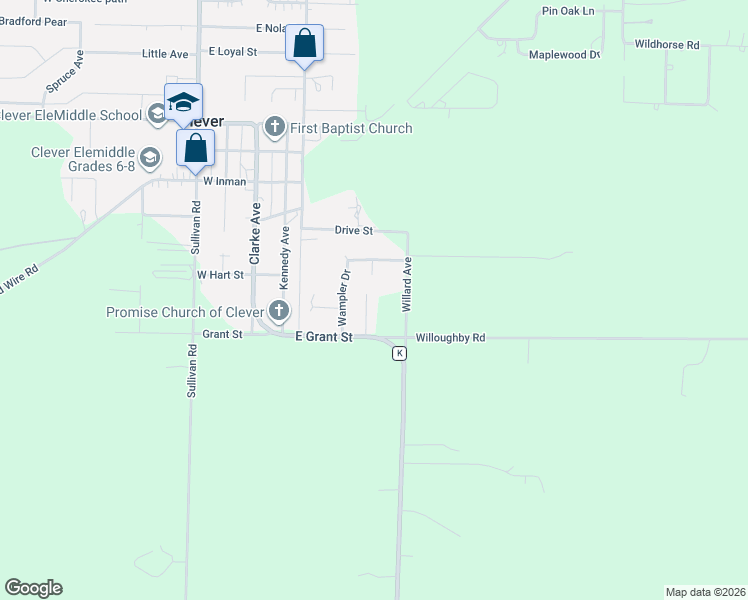 map of restaurants, bars, coffee shops, grocery stores, and more near 501-523 Willard Ave in Clever
