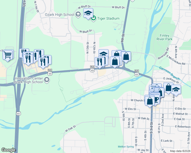 map of restaurants, bars, coffee shops, grocery stores, and more near 1213 West Farmer Street in Ozark