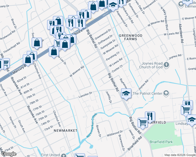 map of restaurants, bars, coffee shops, grocery stores, and more near 3411 West Lewis Road in Hampton