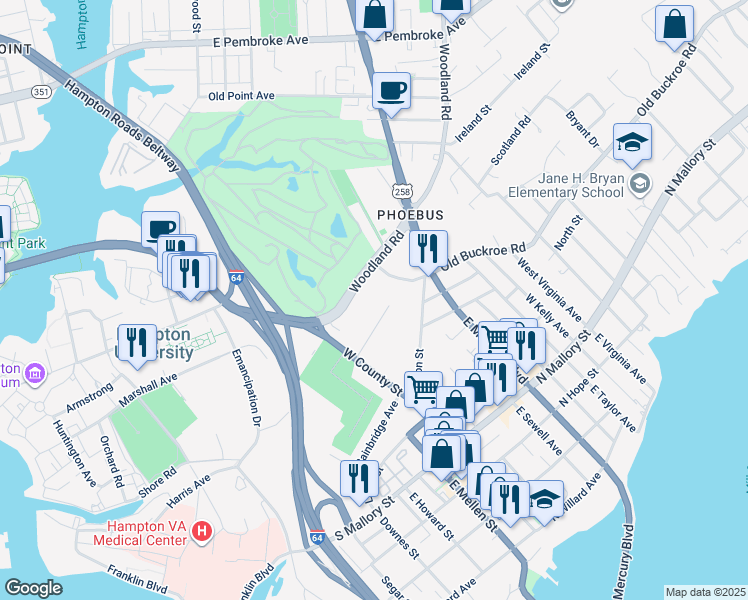 map of restaurants, bars, coffee shops, grocery stores, and more near 155 Frissell Street in Hampton