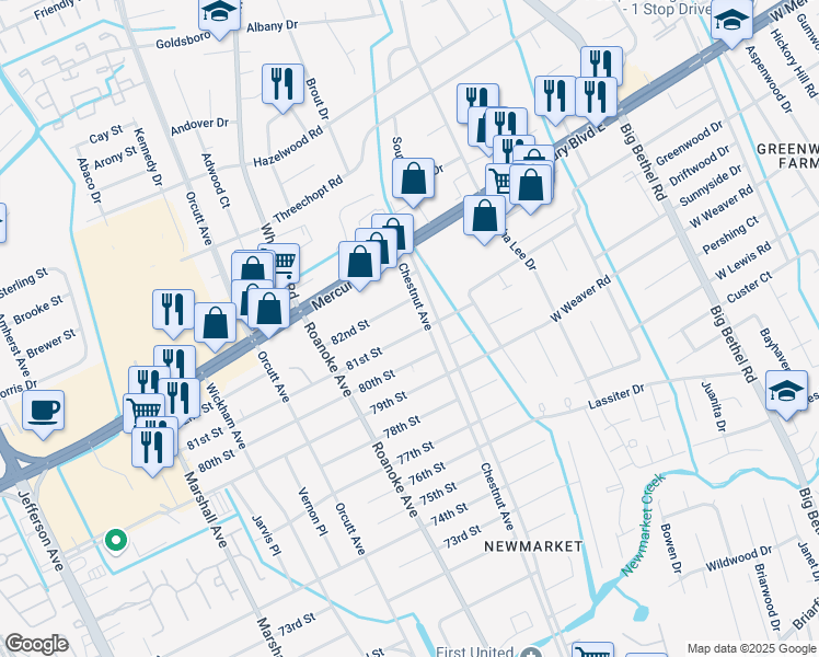 map of restaurants, bars, coffee shops, grocery stores, and more near 4804 81st Street in Newport News