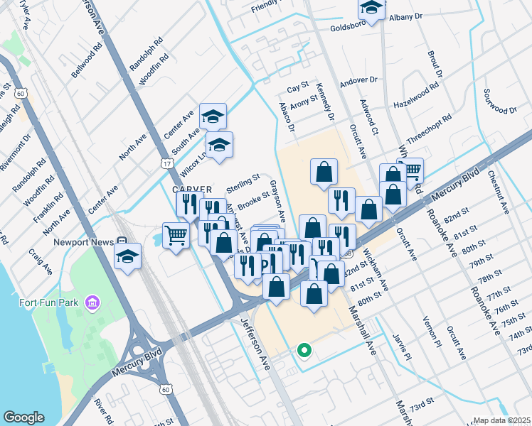 map of restaurants, bars, coffee shops, grocery stores, and more near 631 Brewer St in Newport News