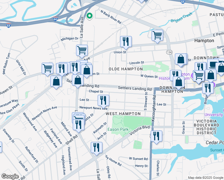 map of restaurants, bars, coffee shops, grocery stores, and more near 520 Chapel Street in Hampton