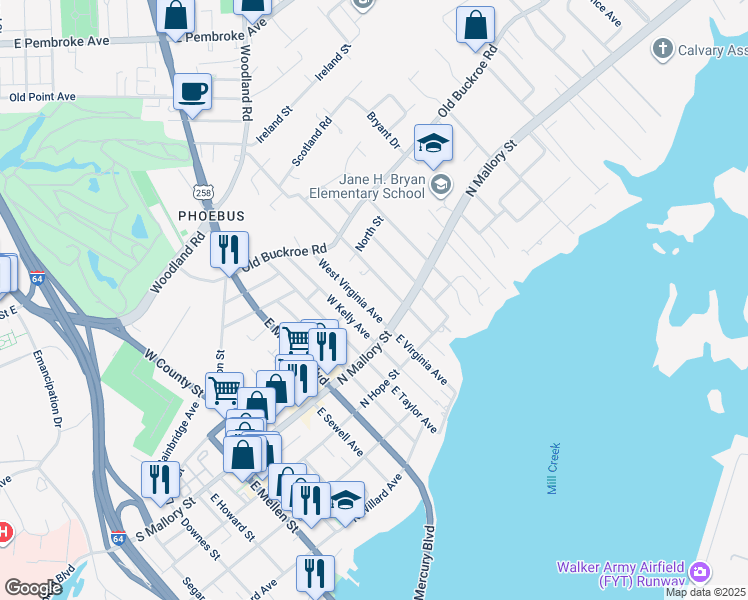 map of restaurants, bars, coffee shops, grocery stores, and more near 24 West Virginia Avenue in Hampton