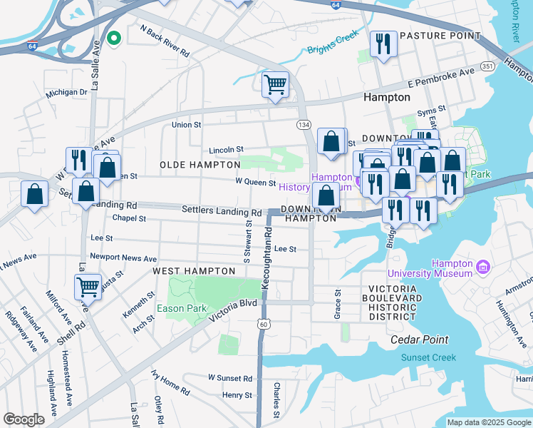 map of restaurants, bars, coffee shops, grocery stores, and more near 305 Settlers Landing Road in Hampton
