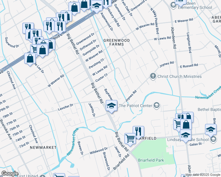 map of restaurants, bars, coffee shops, grocery stores, and more near 216 Breckinridge Court in Hampton