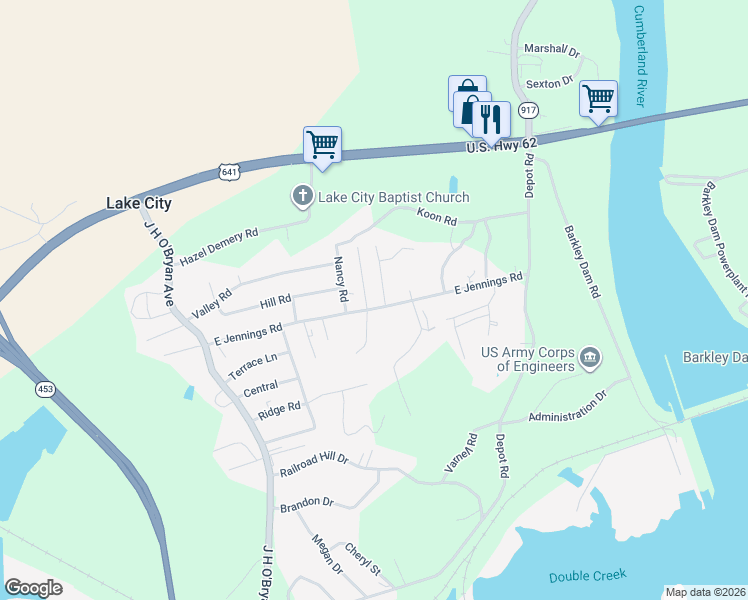 map of restaurants, bars, coffee shops, grocery stores, and more near 171 Mountain Road in Grand Rivers