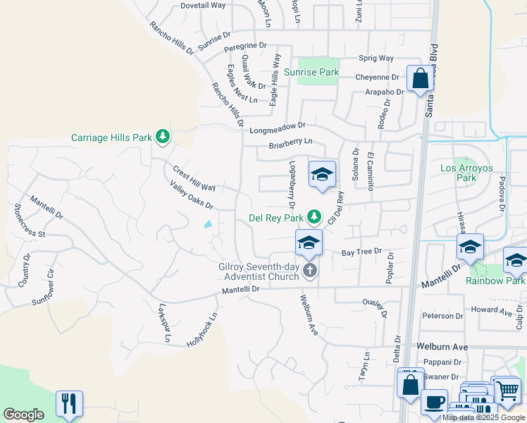 map of restaurants, bars, coffee shops, grocery stores, and more near 1482 Goshawk Court in Gilroy