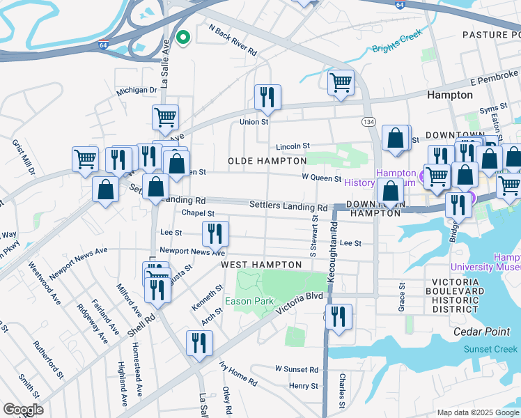 map of restaurants, bars, coffee shops, grocery stores, and more near 502 Chapel Street in Hampton
