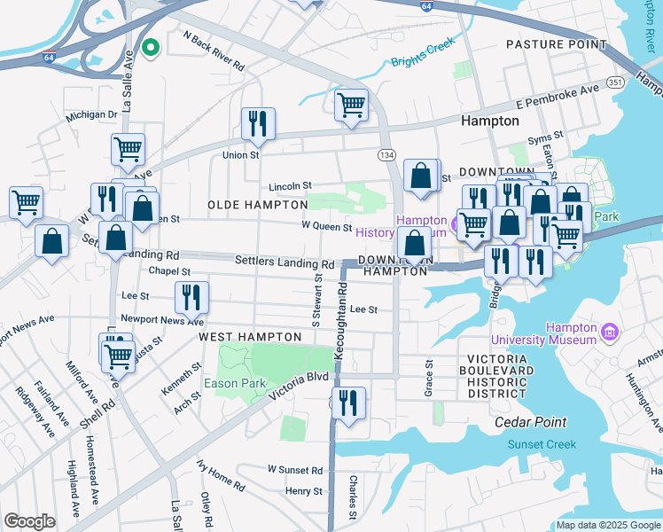 map of restaurants, bars, coffee shops, grocery stores, and more near 308 Settlers Landing Road in Hampton
