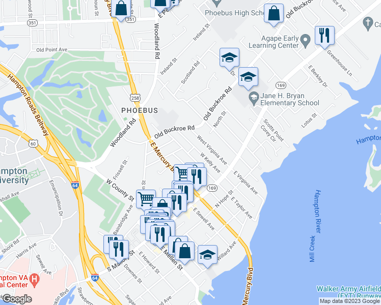 map of restaurants, bars, coffee shops, grocery stores, and more near 118 West Taylor Avenue in Hampton