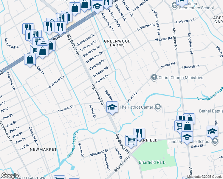 map of restaurants, bars, coffee shops, grocery stores, and more near 216 Breckinridge Court in Hampton