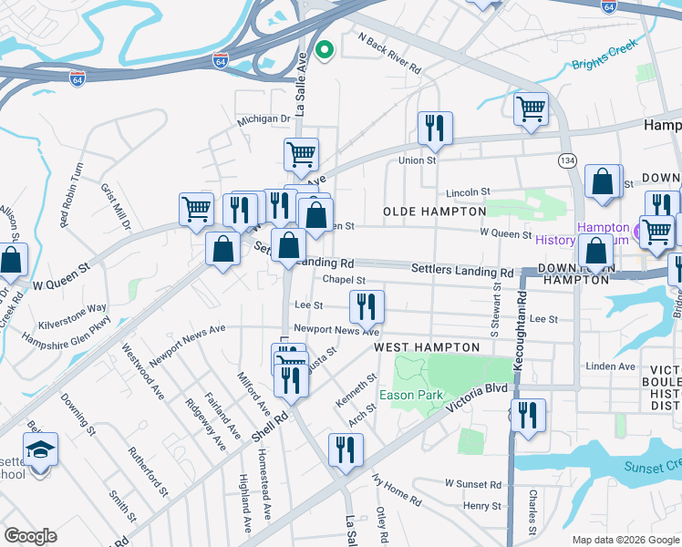 map of restaurants, bars, coffee shops, grocery stores, and more near 120 Settlers Landing Road in Hampton