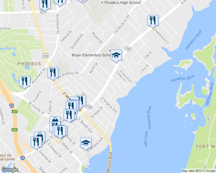map of restaurants, bars, coffee shops, grocery stores, and more near 5A East Hygeia Avenue in Hampton