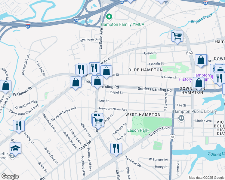map of restaurants, bars, coffee shops, grocery stores, and more near 120 Settlers Landing Road in Hampton