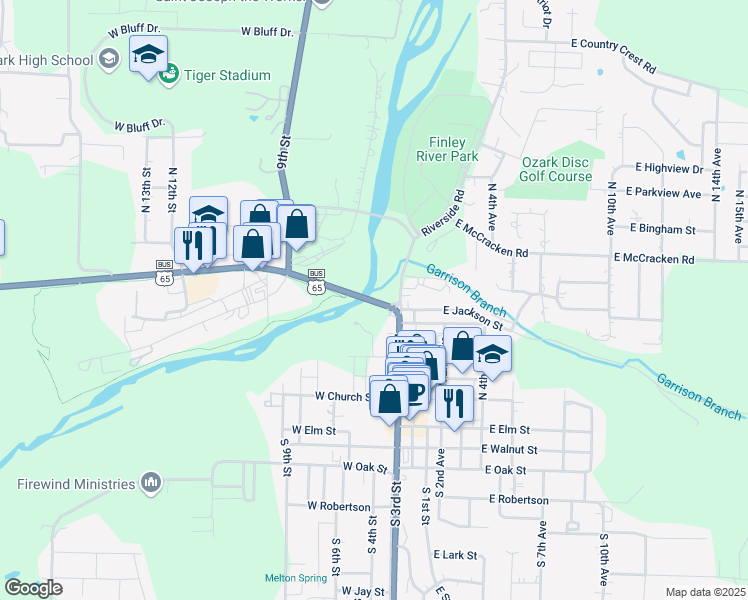 map of restaurants, bars, coffee shops, grocery stores, and more near 321-399 West Jackson Street in Ozark