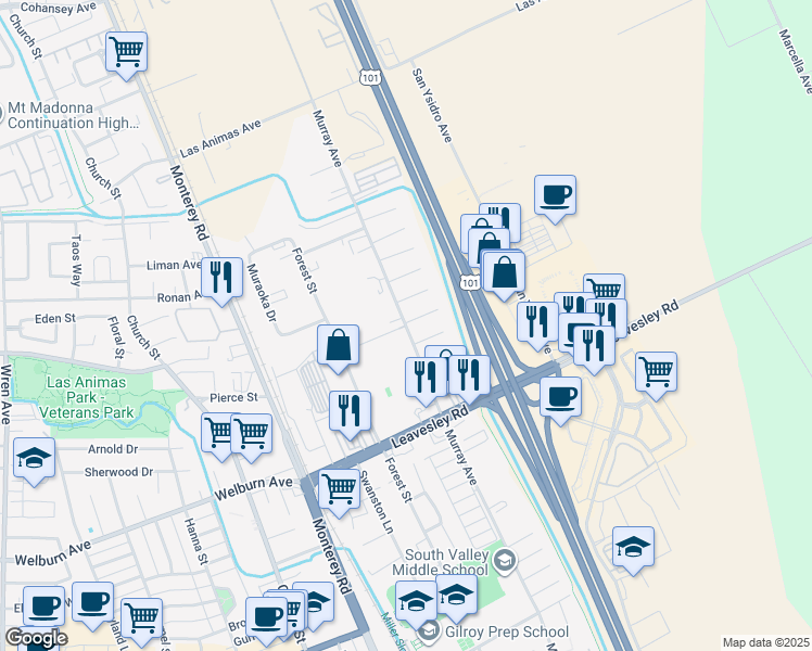 map of restaurants, bars, coffee shops, grocery stores, and more near Murray Avenue in Gilroy