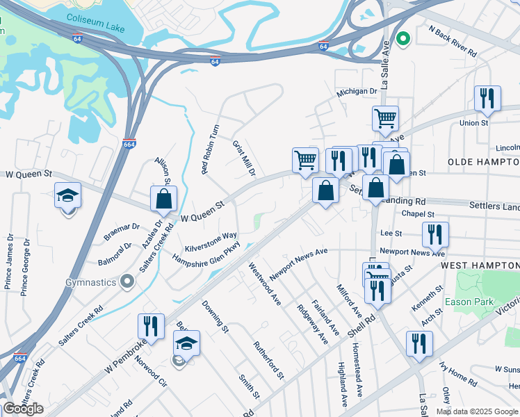 map of restaurants, bars, coffee shops, grocery stores, and more near 50 Kilverstone Way in Hampton