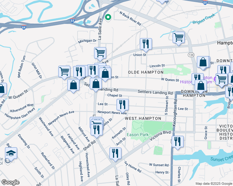 map of restaurants, bars, coffee shops, grocery stores, and more near 120 Settlers Landing Road in Hampton