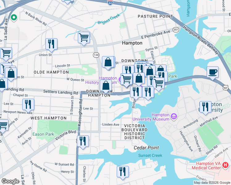 map of restaurants, bars, coffee shops, grocery stores, and more near 553 Settlers Landing Road in Hampton