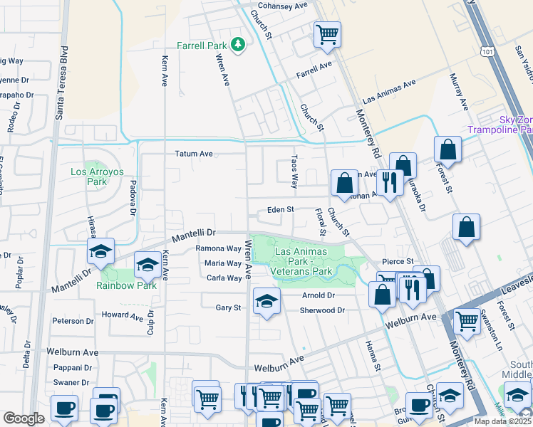 map of restaurants, bars, coffee shops, grocery stores, and more near 590 Eden Street in Gilroy