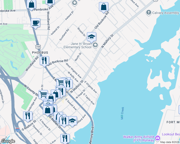 map of restaurants, bars, coffee shops, grocery stores, and more near 5A East Hygeia Avenue in Hampton