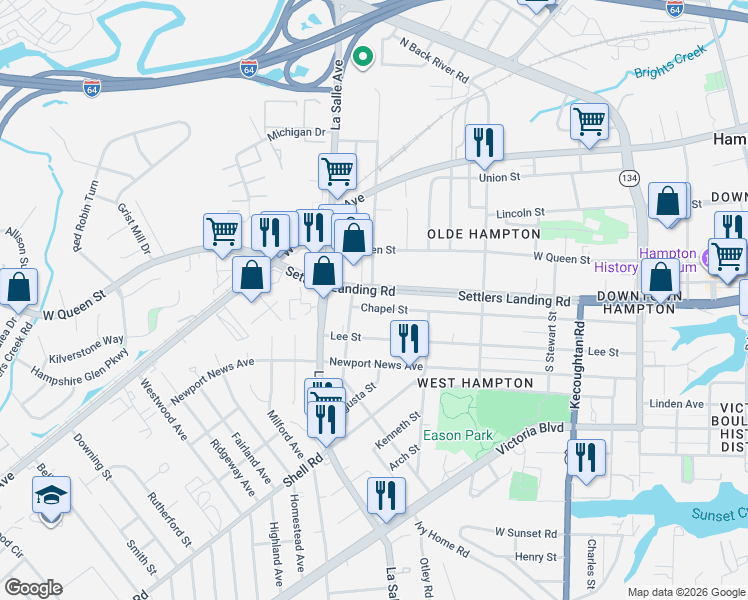 map of restaurants, bars, coffee shops, grocery stores, and more near 120 Settlers Landing Road in Hampton