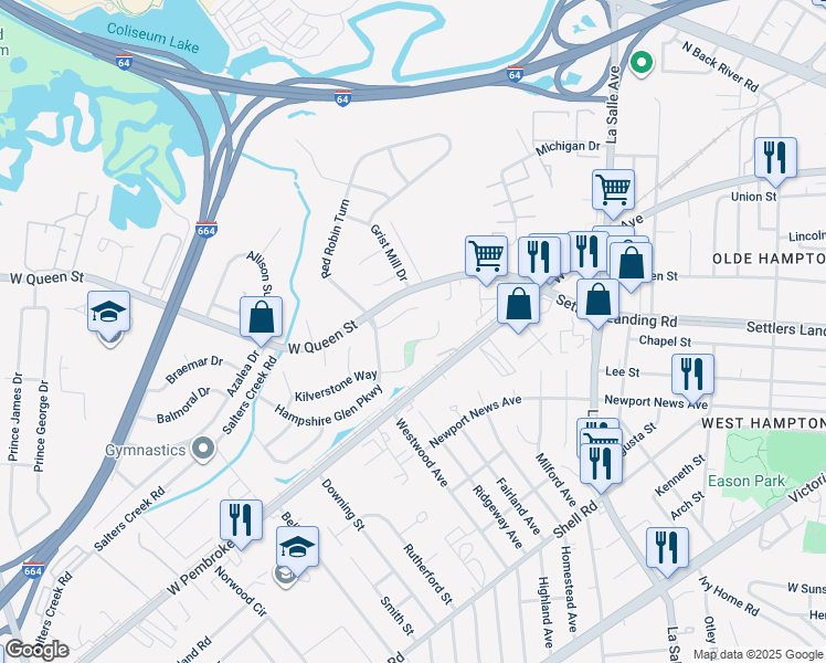 map of restaurants, bars, coffee shops, grocery stores, and more near 50 Kilverstone Way in Hampton
