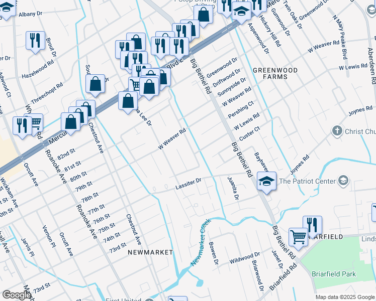 map of restaurants, bars, coffee shops, grocery stores, and more near 217 Manchester Drive in Hampton
