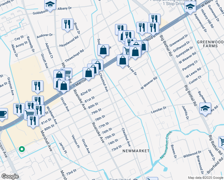 map of restaurants, bars, coffee shops, grocery stores, and more near 4719 81st Street in Hampton