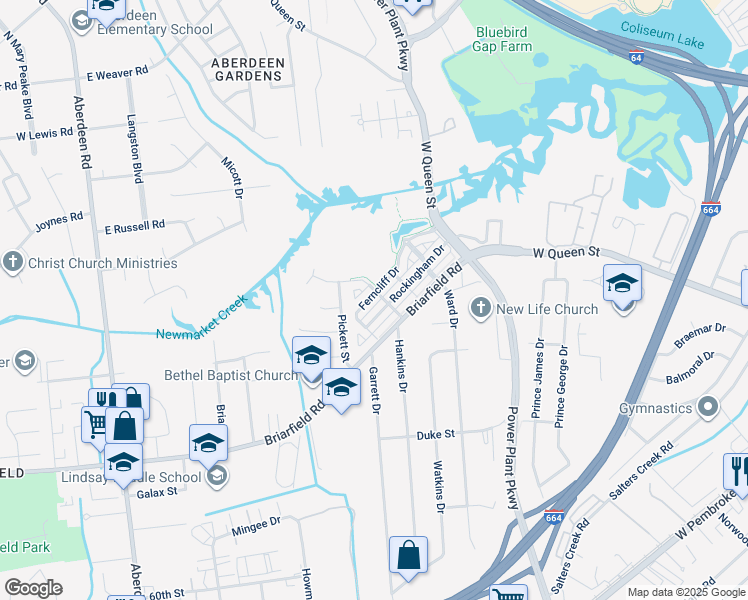 map of restaurants, bars, coffee shops, grocery stores, and more near 41 Ferncliff Drive in Hampton