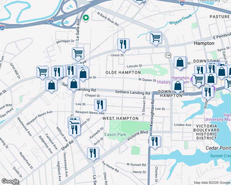 map of restaurants, bars, coffee shops, grocery stores, and more near 158 Settlers Landing Road in Hampton