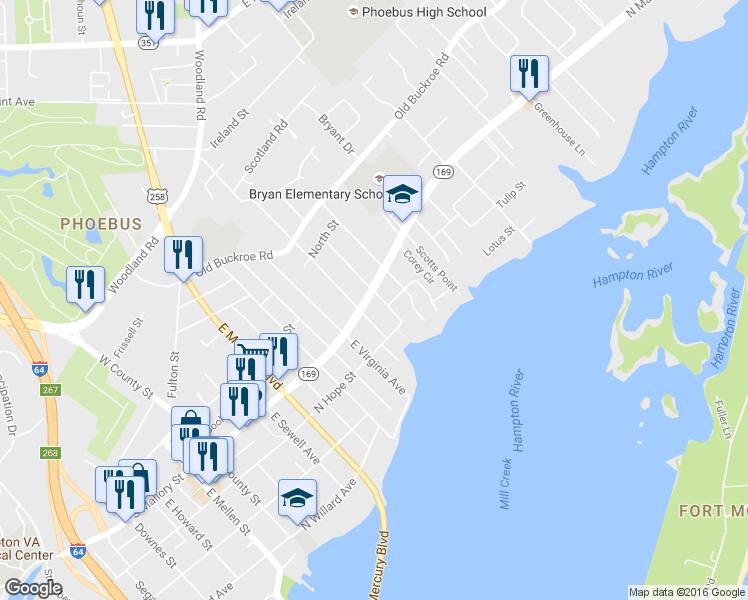 map of restaurants, bars, coffee shops, grocery stores, and more near 5A East Hygeia Avenue in Hampton