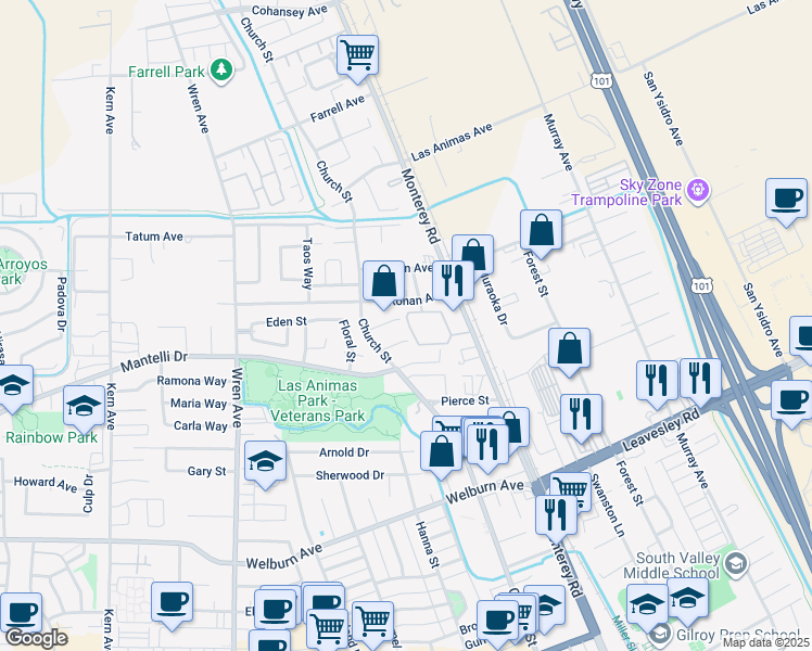 map of restaurants, bars, coffee shops, grocery stores, and more near 206 Carlyle Court in Gilroy