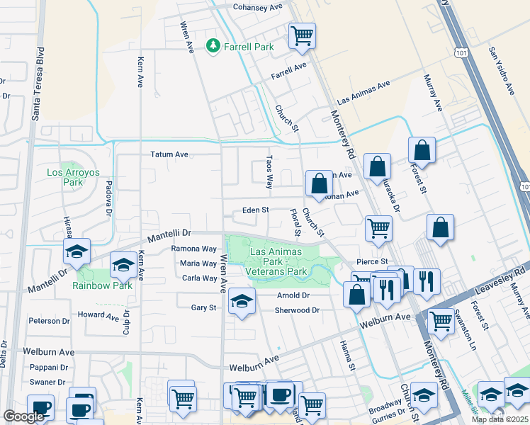map of restaurants, bars, coffee shops, grocery stores, and more near 8781 Arbor Street in Gilroy