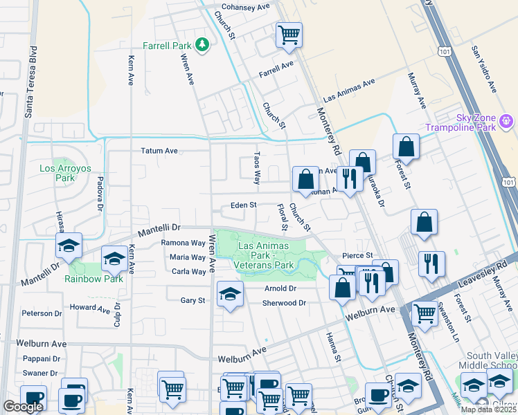 map of restaurants, bars, coffee shops, grocery stores, and more near 480 Eden Street in Gilroy