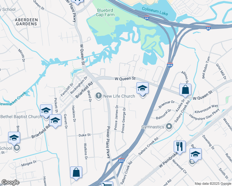 map of restaurants, bars, coffee shops, grocery stores, and more near 14 Prince James Drive in Hampton