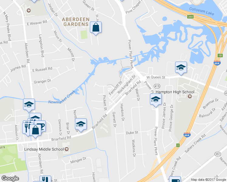 map of restaurants, bars, coffee shops, grocery stores, and more near 41 Ferncliff Drive in Hampton