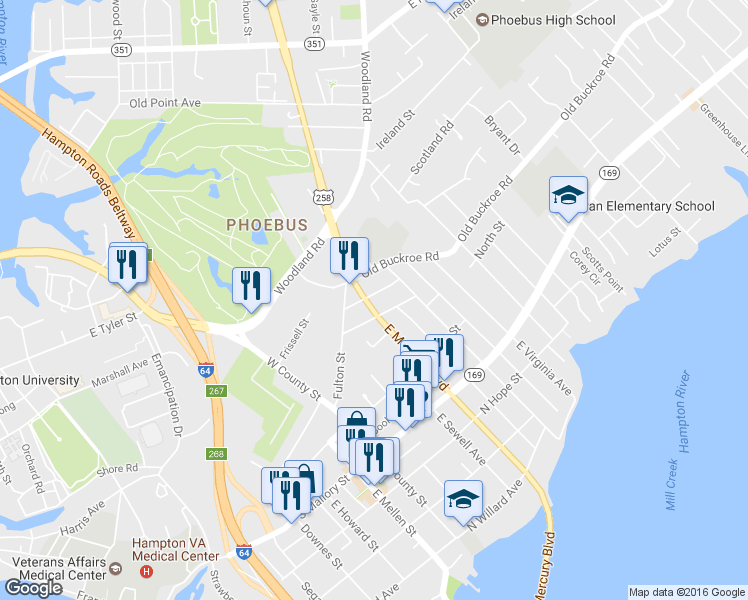 map of restaurants, bars, coffee shops, grocery stores, and more near 304 Clay Street in Hampton