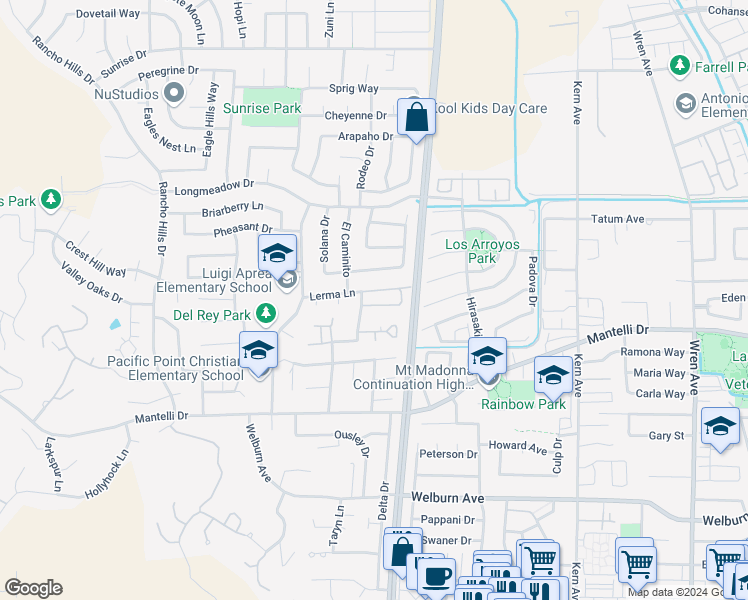 map of restaurants, bars, coffee shops, grocery stores, and more near 1139 Del Oro Way in Gilroy