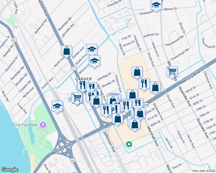 map of restaurants, bars, coffee shops, grocery stores, and more near 622 Brooke Street in Newport News