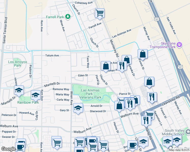 map of restaurants, bars, coffee shops, grocery stores, and more near 8783 Floral Street in Gilroy